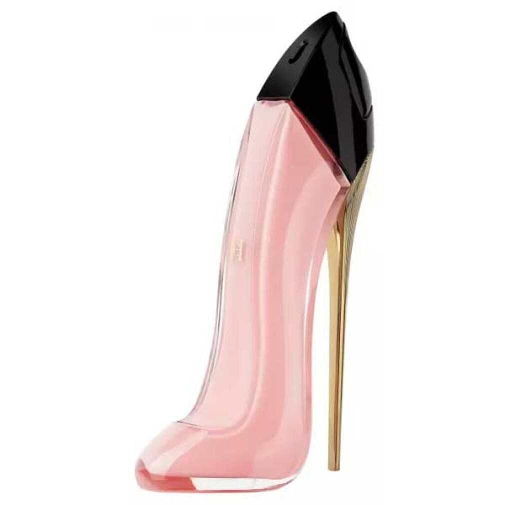 Ein rosa Pumps-Parfümflakon mit goldenem Absatz und schwarzer Kappe.