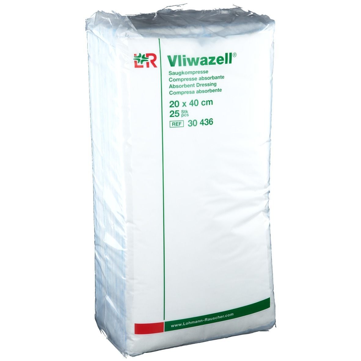 Vliwazell® Saugkompressen, 20 x 40 cm, in Folienverpackung. Produktinformationen und Logo sichtbar.