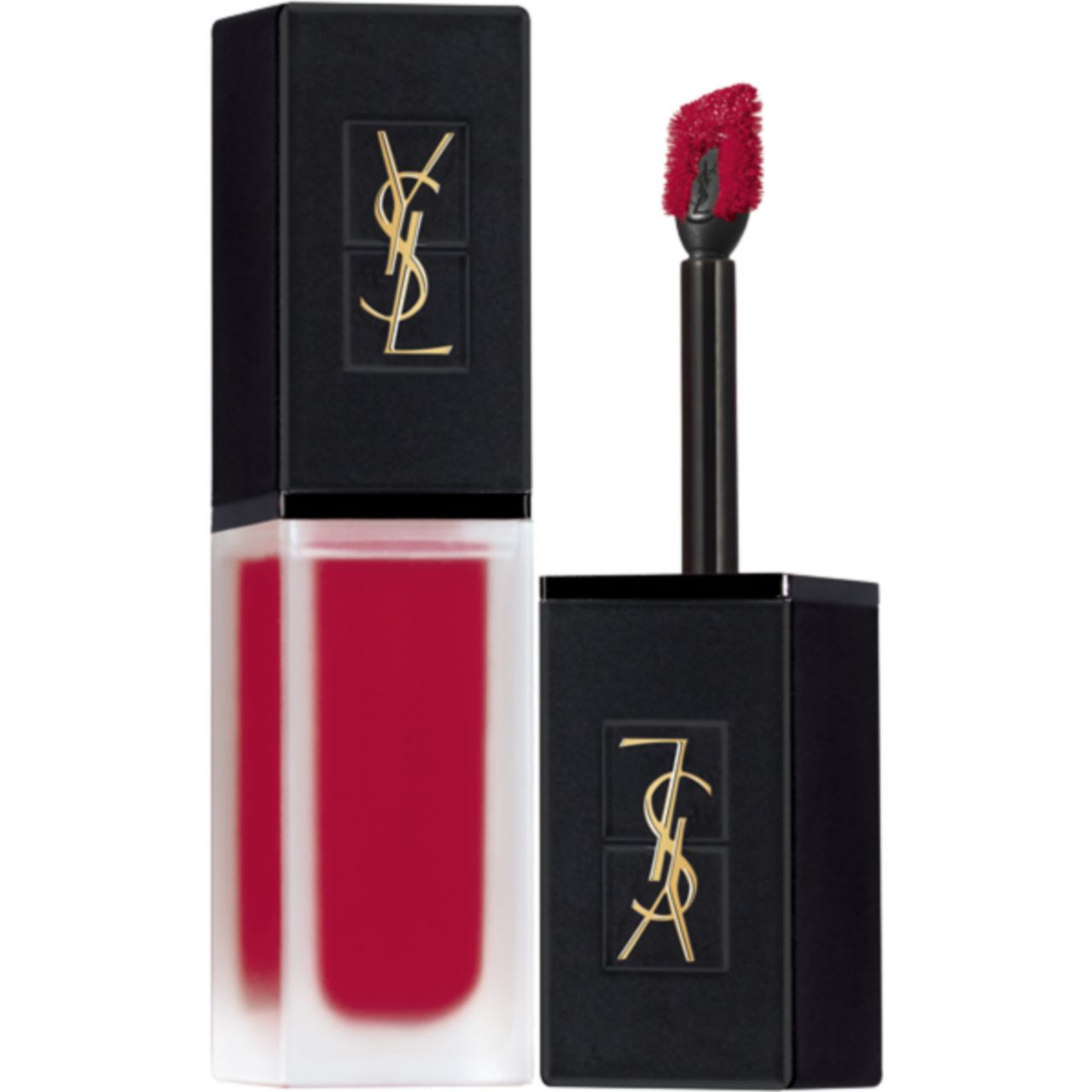 Schwarze Lippenstiftverpackung mit goldenem Logo. Roter Lippenstift mit Applikator. Produktname sichtbar.
