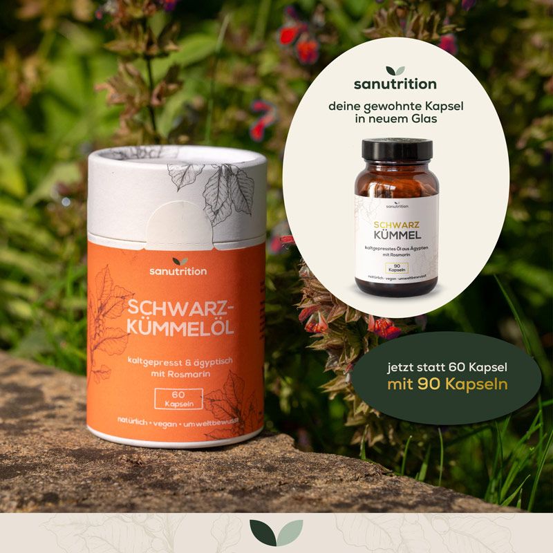 Zylindrische Verpackung mit Aufschrift SCHWARZ KÜMMELÖL. Enthält 60 Kapseln. Daneben eine Flasche mit 90 Kapseln.