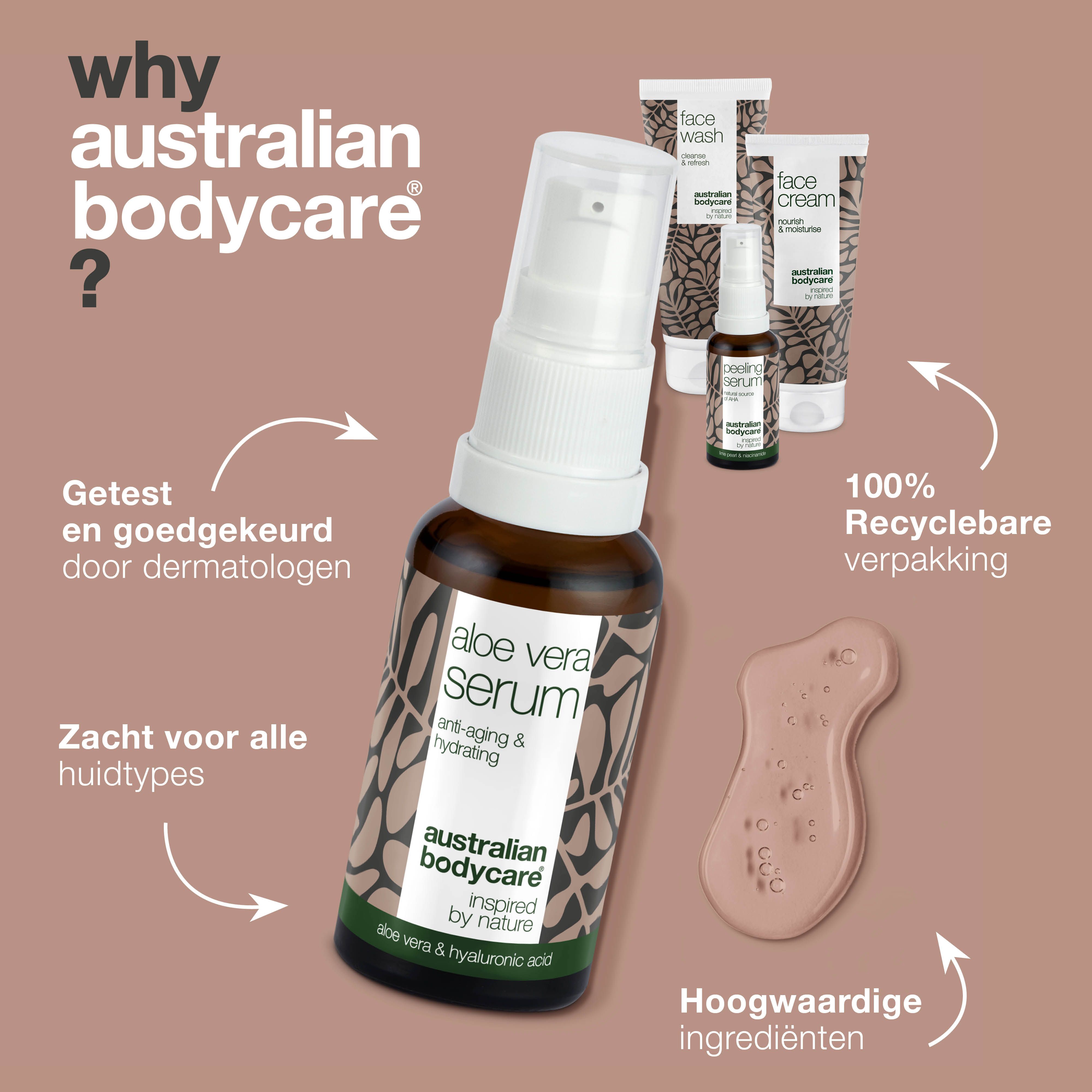 Aloe Vera Serum, Australian Bodycare. Daarnaast Face Wash en Face Cream. Tekst: 100% recyclebare verpakking.