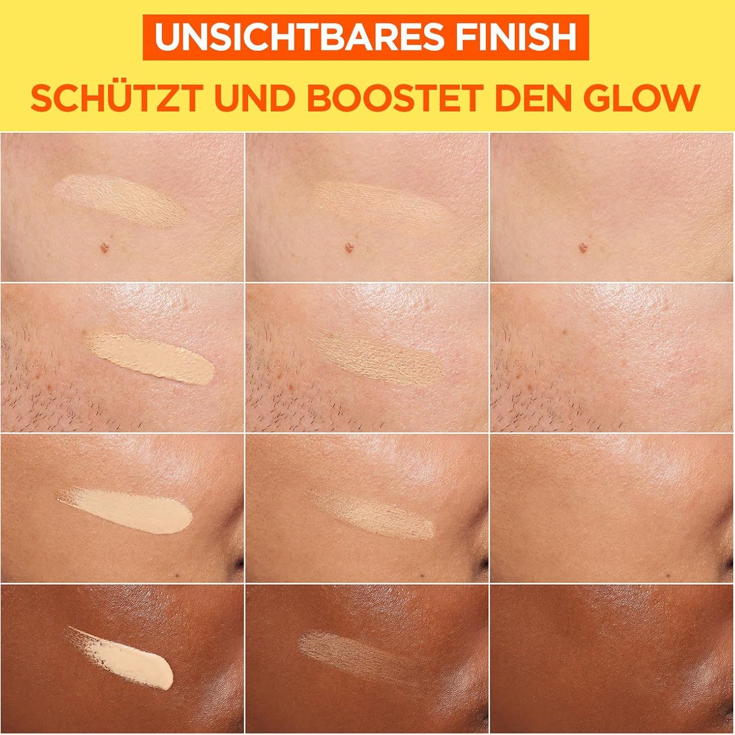 Nahaufnahme von Hautpartien mit aufgetragenem Produkt. Verschiedene Hauttöne, Texturvergleich, unsichtbares Finish.