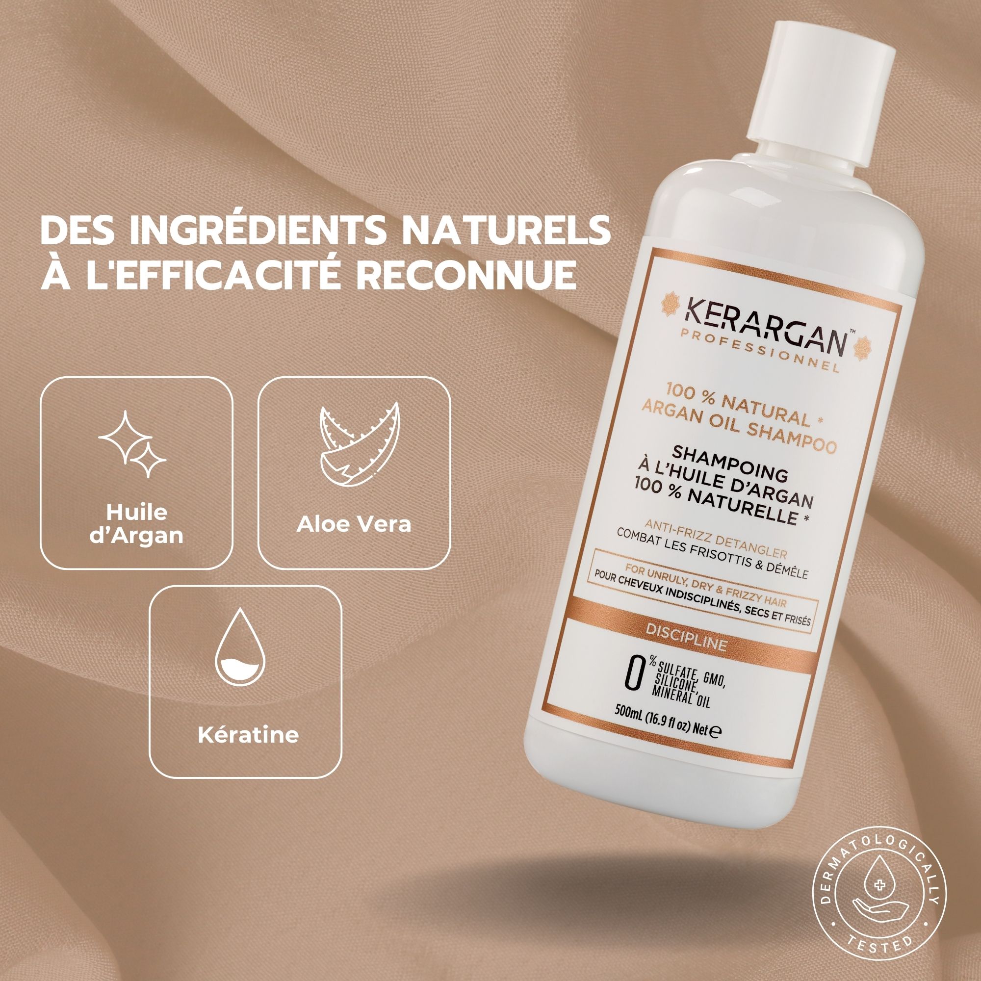 Shampooing Kerargan. Flacon blanc avec étiquette. Texte: 100% naturel, huile d'argan, aloe vera, kératine. Testé dermato.