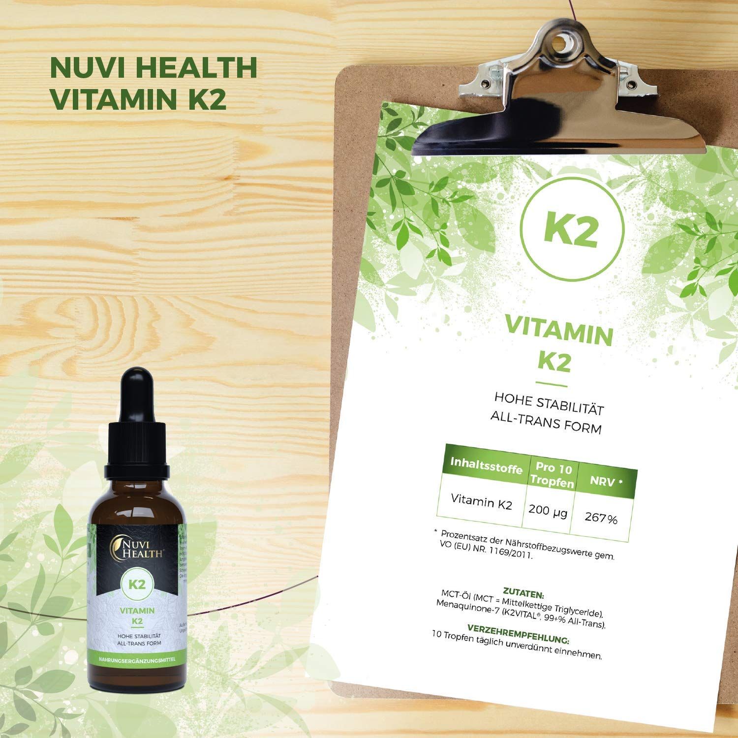Braune Flasche mit Tropfer neben einem Klemmbrett. Text: Nuvi Health Vitamin K2. Inhaltsstoffe, Dosierung.
