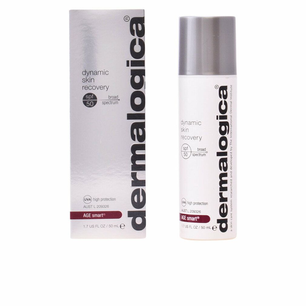 Produktflasche und Verpackung. Aufschrift: dynamic skin recovery SPF50. Marke: Dermalogica. Lila Schriftzug: AGE smart. Silberne Verpackung.