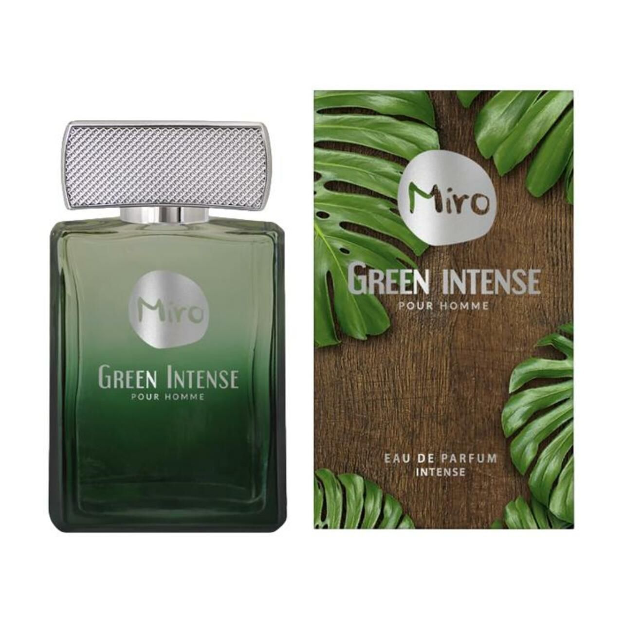 Grünes Parfüm Miro Green Intense, rechteckige Flasche mit silbernem Deckel. Aufschrift Green Intense Pour Homme.