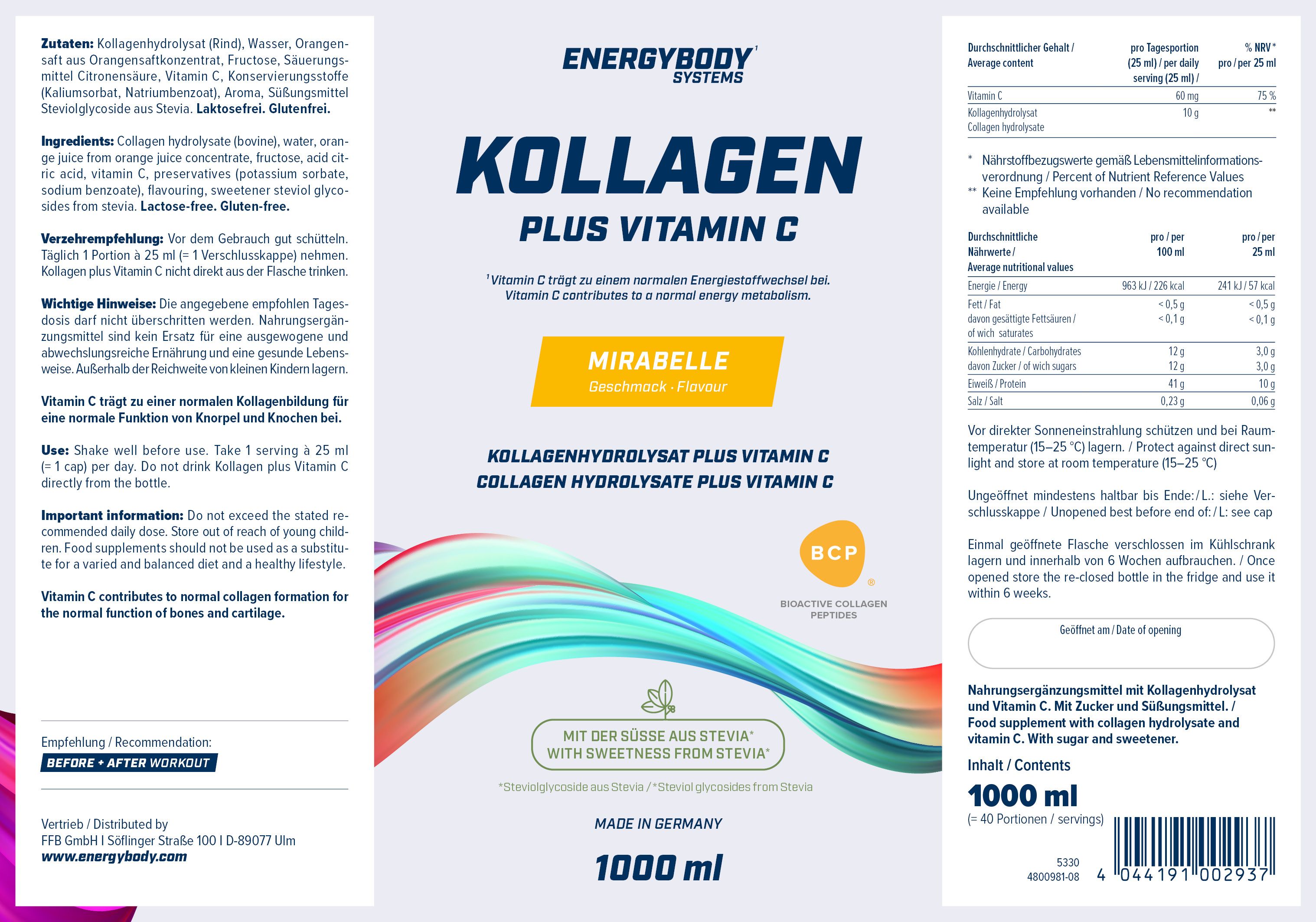 Etikett von Energybody Systems Kollagen Liquid Plus Vitamin C. Mirabelle-Geschmack. 1000 ml. Enthält Kollagenhydrolysat und Vitamin C.