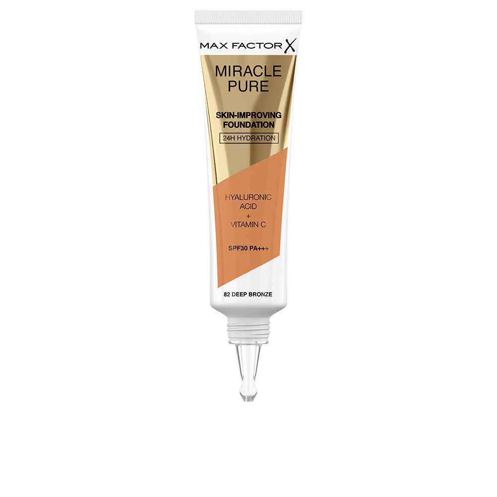 Tube mit Grundierung. Gold- und weißfarbenes Design. Schriftzug: MIRACLE PURE, SKIN-IMPROVING FOUNDATION, 24H HYDRATION, SPF30. Farbton: 82 Deep Bronze.