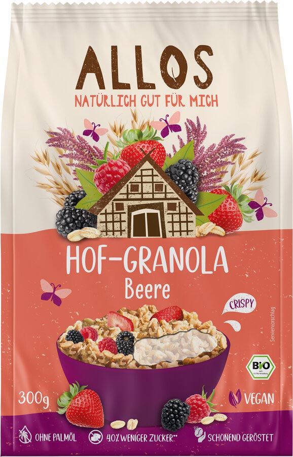 Verpackung von Allos Hof-Granola Beere. Aufdrucke: BIO, Vegan, 300g, ohne Palmöl, 40% weniger Zucker, schonend geröstet.