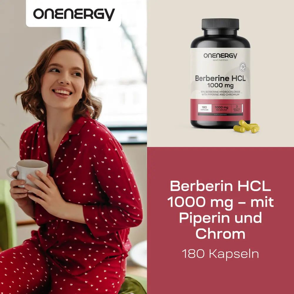 Flasche mit Berberin HCL 1000 mg. Text: Berberin HCL 1000 mg - mit Piperin und Chrom. 180 Kapseln.