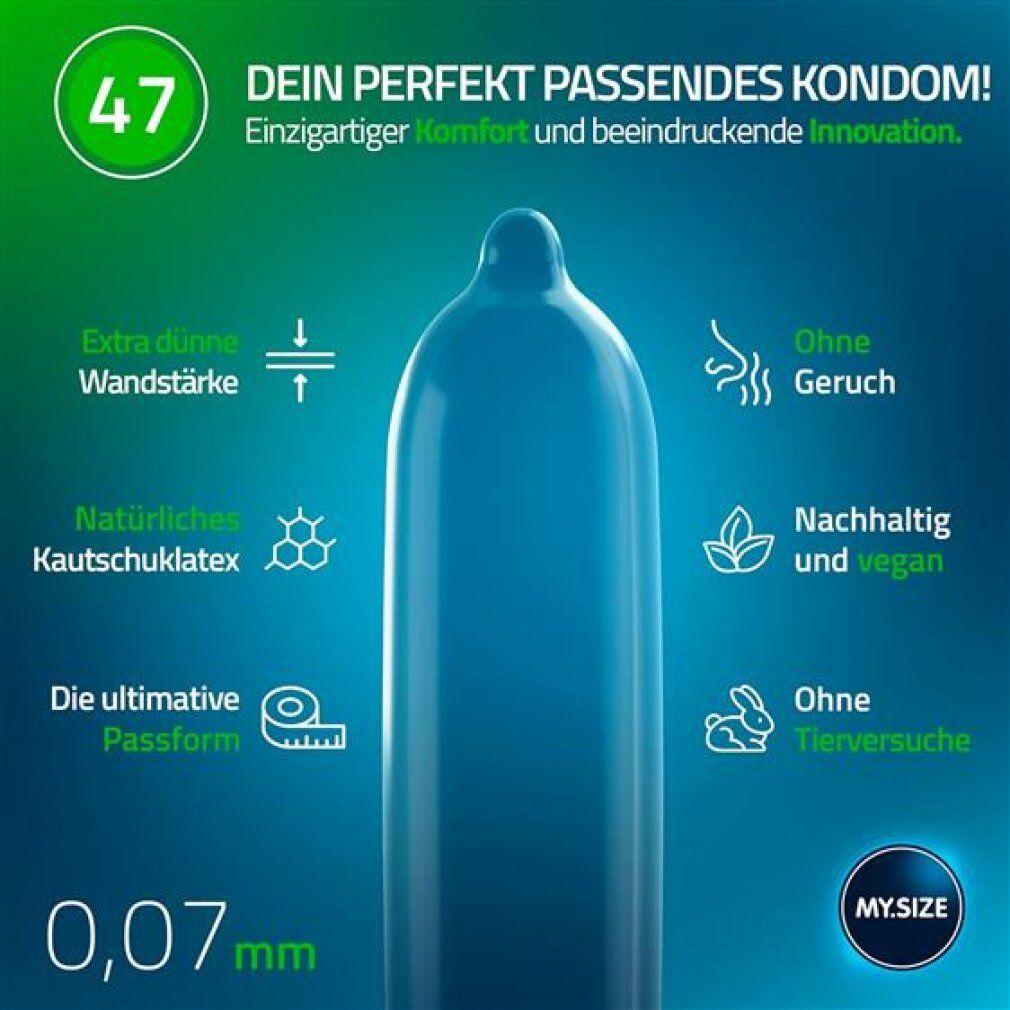 Blauer Kondom. Merkmale: extra dünn, geruchsneutral, vegan, ohne Tierversuche. Aufdruck: 0,07 mm.