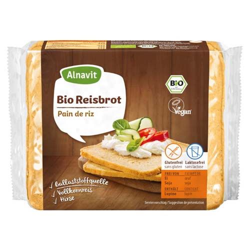 Alnavit Bio Reisbrot in Folienverpackung. Aufschrift: Glutenfrei, Laktosefrei, Vegan, Bio. Abbildung von Reisbrot mit Belag.