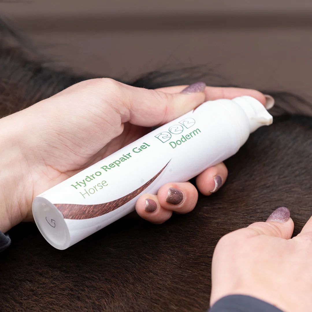 Weisse Tube mit "Doderm Hydro Repair Gel Horse". Hände halten die Tube über einem Pferd.