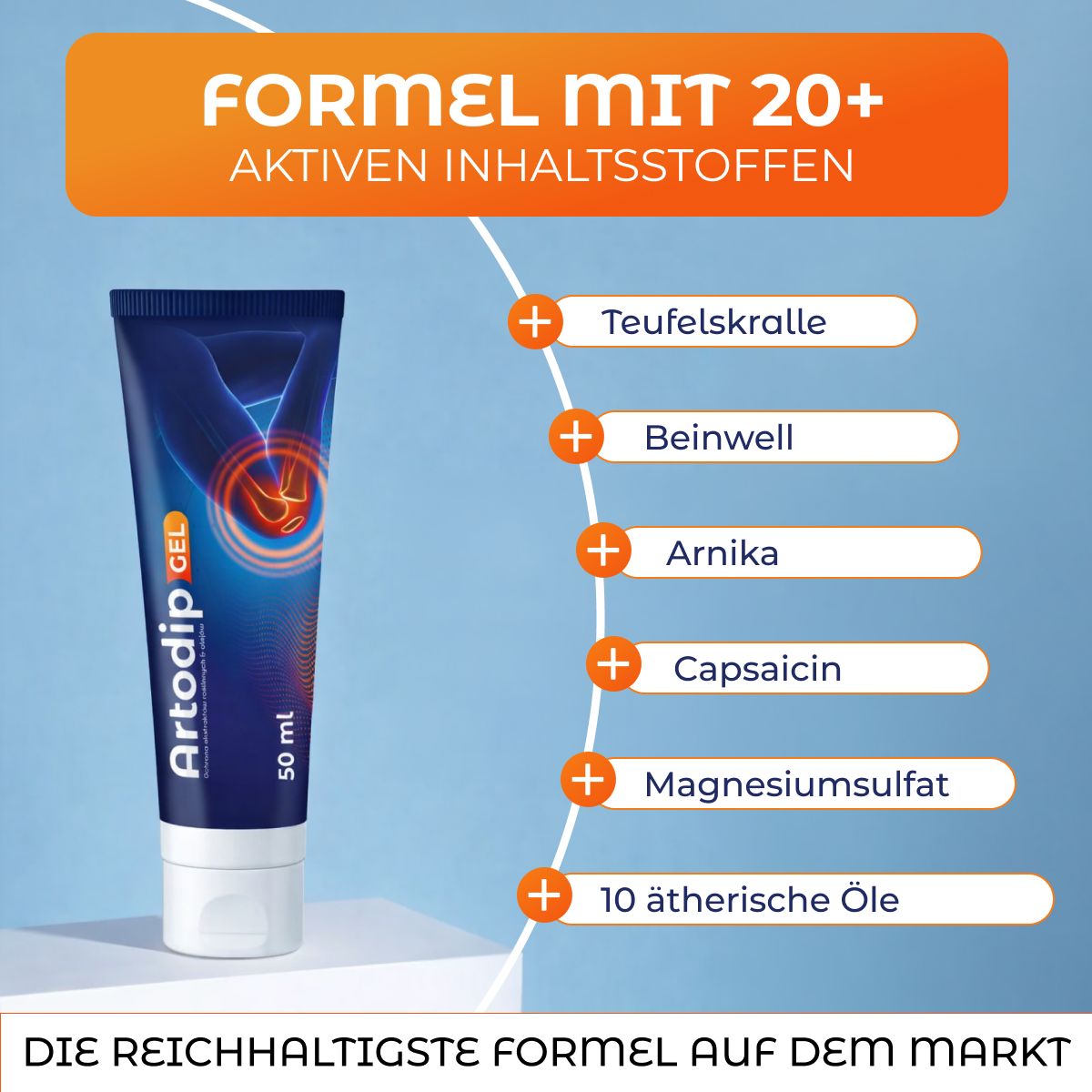 Tube mit Produktnamen und Logo. Inhaltsstoffe: Teufelskralle, Beinwell, Arnika, Capsaicin, Magnesiumsulfat, 10 ätherische Öle.