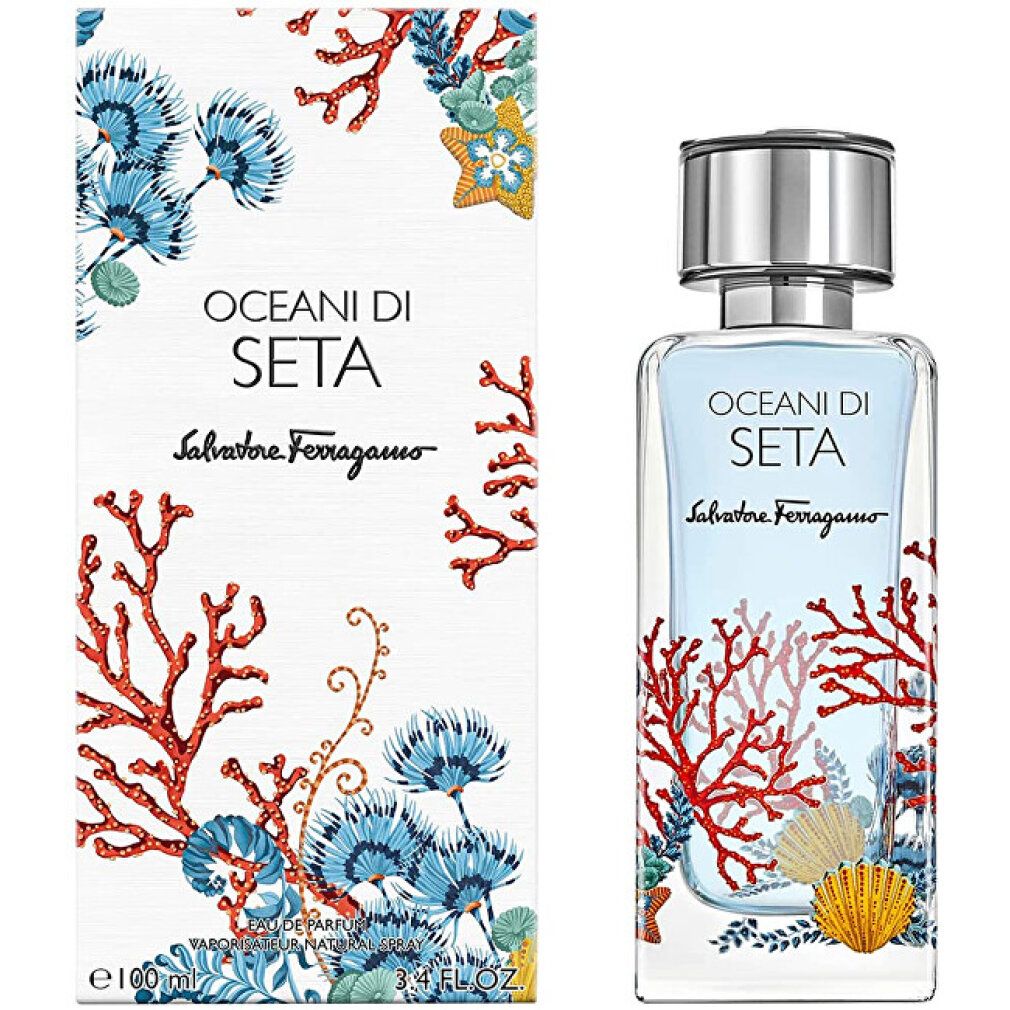 Salvatore Ferragamo Oceani di Seta Eau de Parfum Flakon und Verpackung mit Korallen- und Blumen-Design.