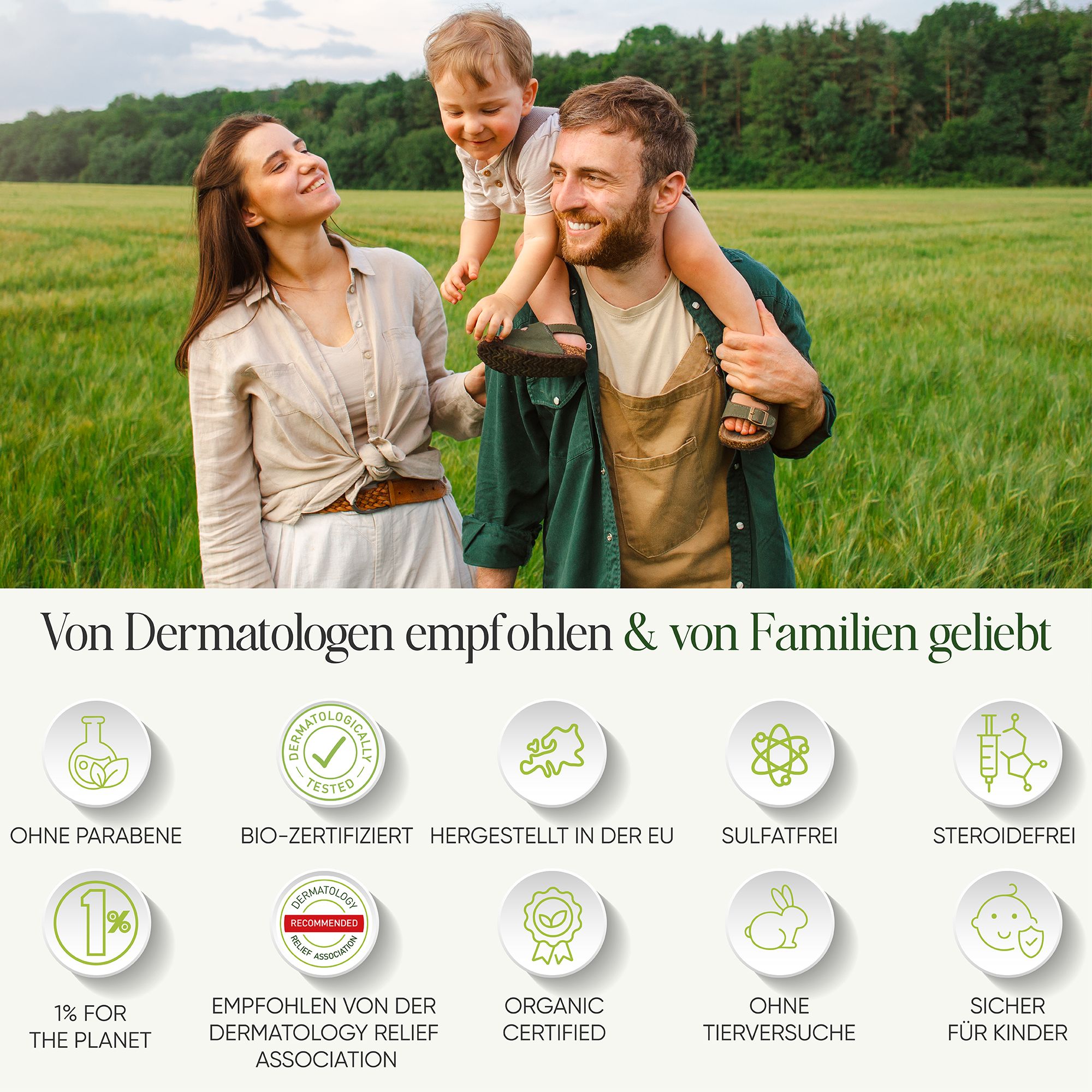 Familie im Feld. Text: Von Dermatologen empfohlen & von Familien geliebt. Ohne Parabene, tierversuchsfrei, bio-zertifiziert.