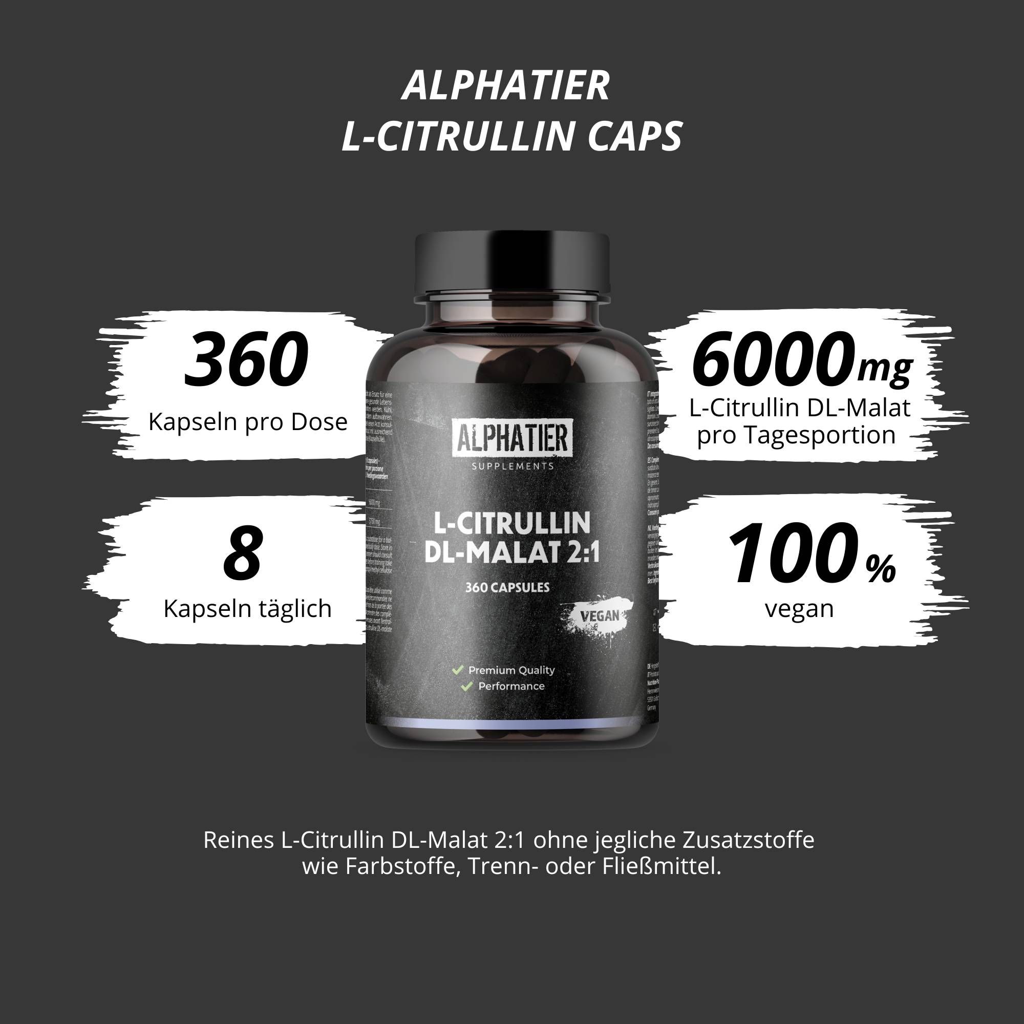 Grafik mit Flasche und Text. 360 Kapseln pro Dose, 8 Kapseln täglich, 6000mg L-Citrullin DL-Malat, 100% vegan.