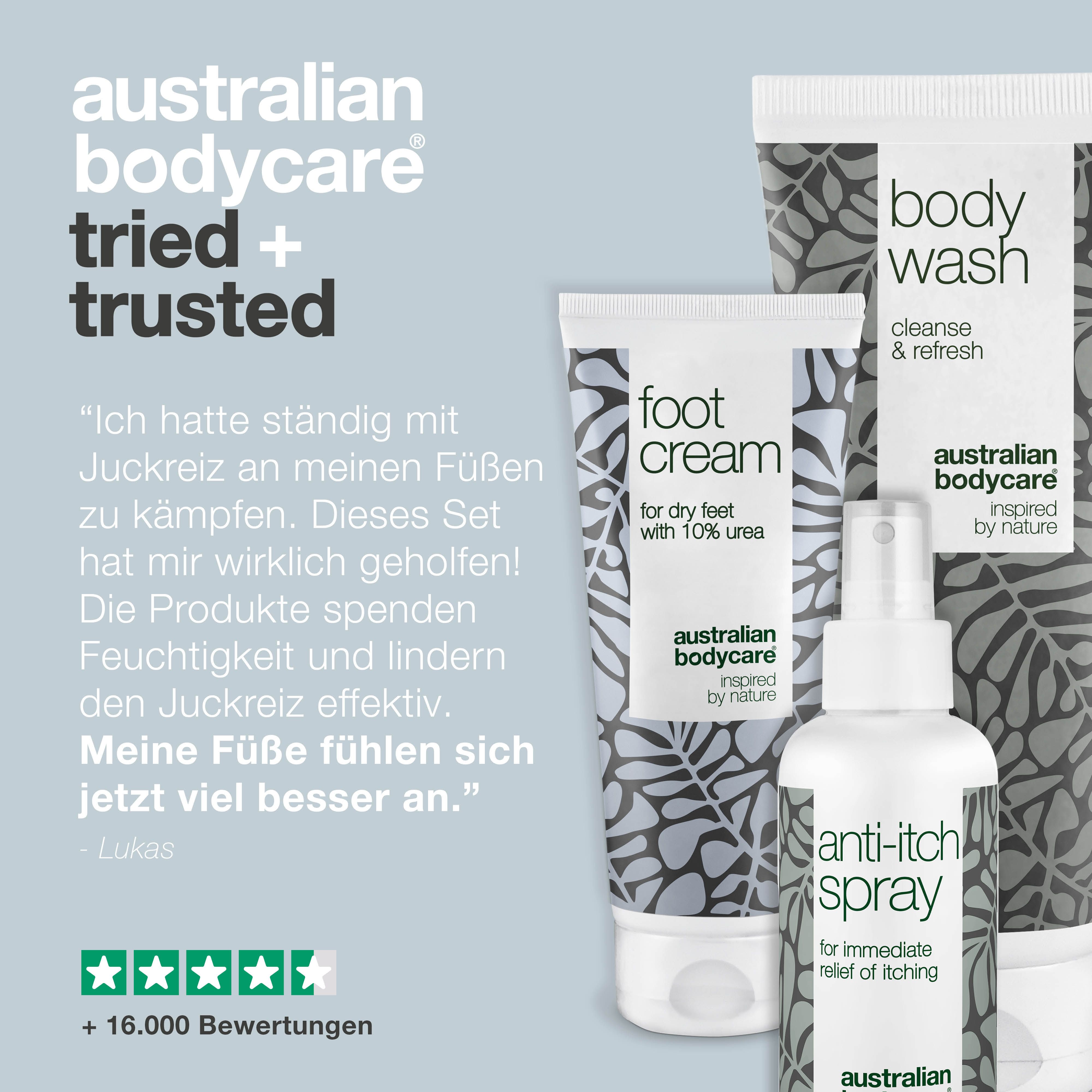 Drei Produkte: Fußcreme, Body Wash, Anti-Juckreiz-Spray. Text: Ich hatte ständig mit Juckreiz zu kämpfen. +16.000 Bewertungen.