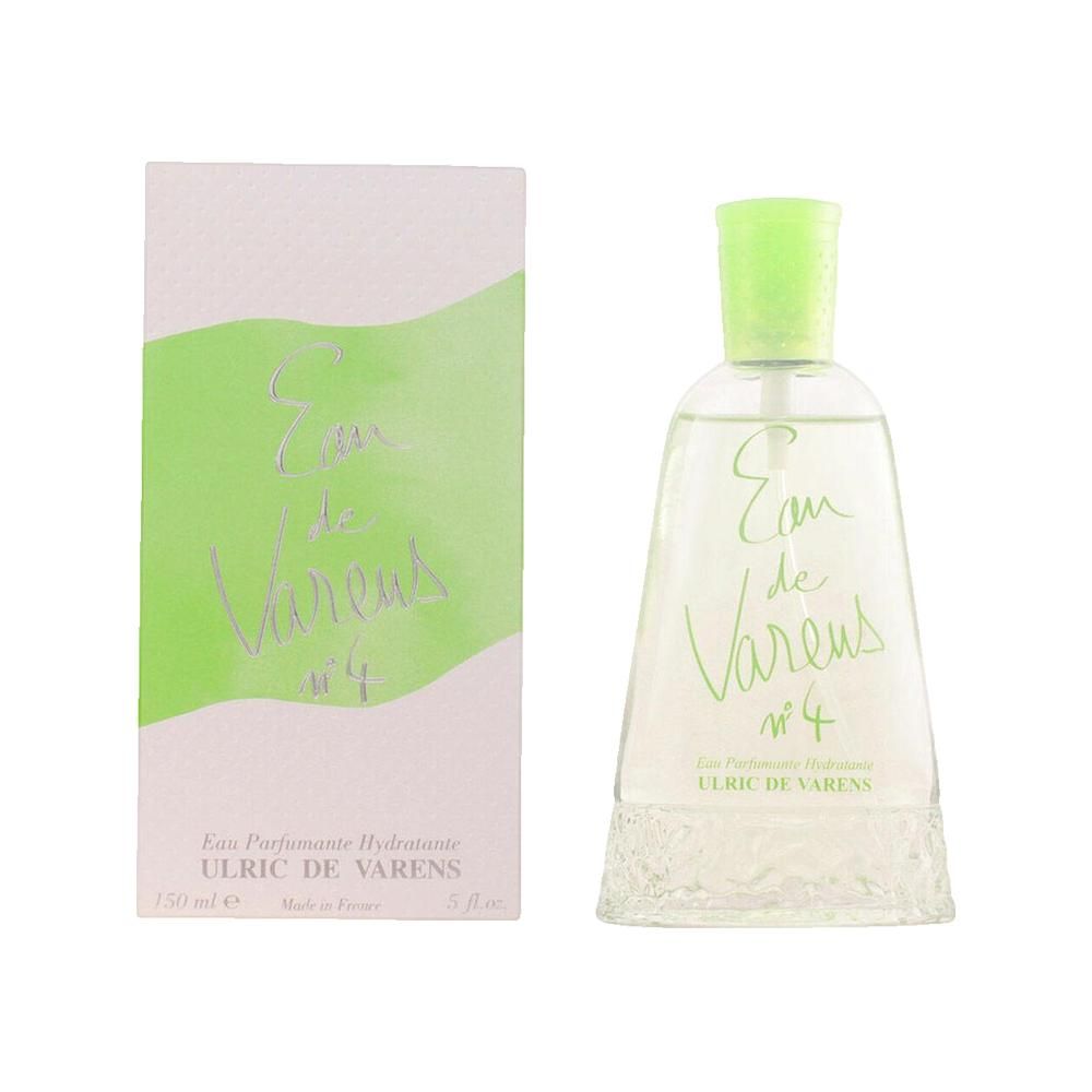 Flakon und Verpackung von Eau de Varens N°4. Flakon mit grünem Verschluss, Schriftzug. Verpackung mit grünem Streifen und Schriftzug.