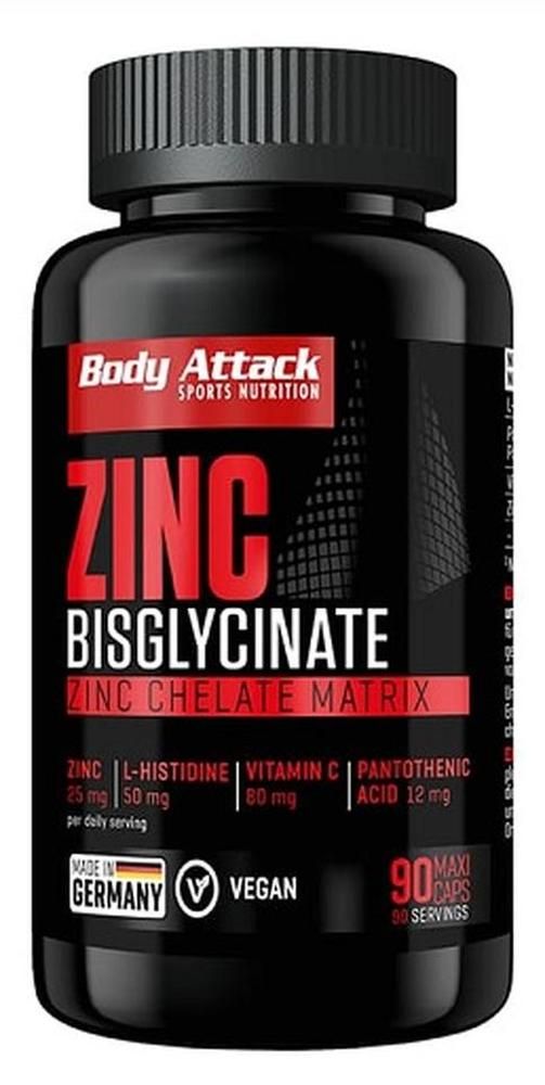 Schwarze Flasche mit roter Aufschrift. "Body Attack" und "ZINC BISGLYCINATE" sind deutlich sichtbar. "Vegan"-Siegel und "Made in Germany".