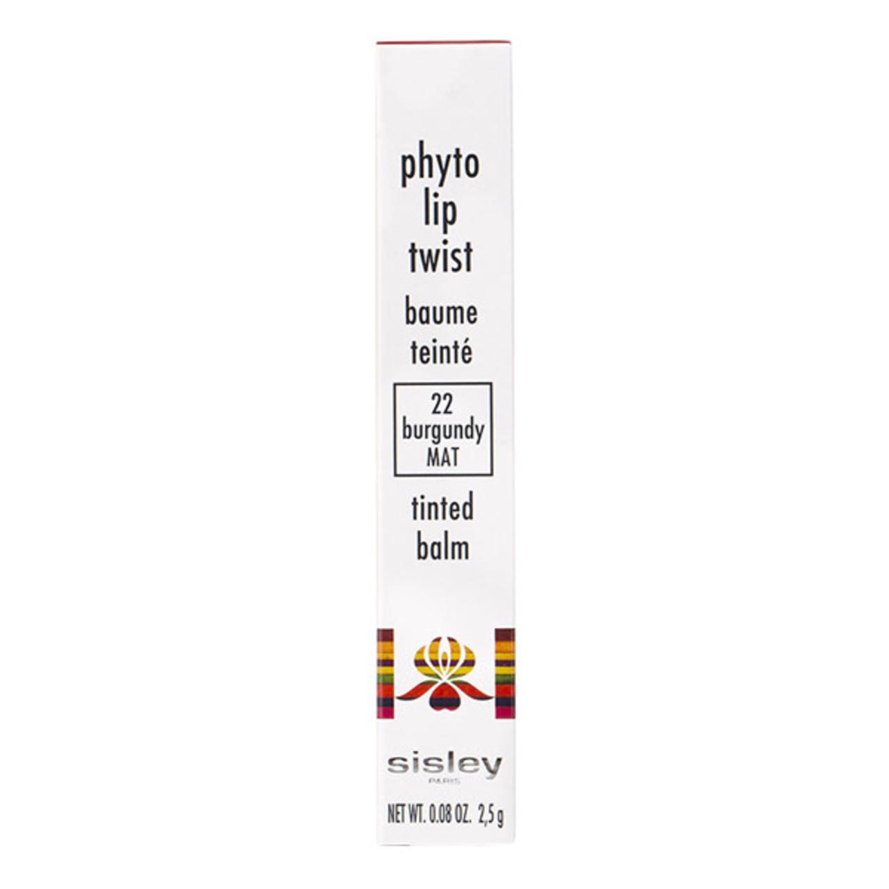 Schmale, weiße Verpackung. Aufschrift: Phyto-Lip Twist, Baume Teinté, 22 Burgundy Mat, Tinted Balm. Sisley-Logo.