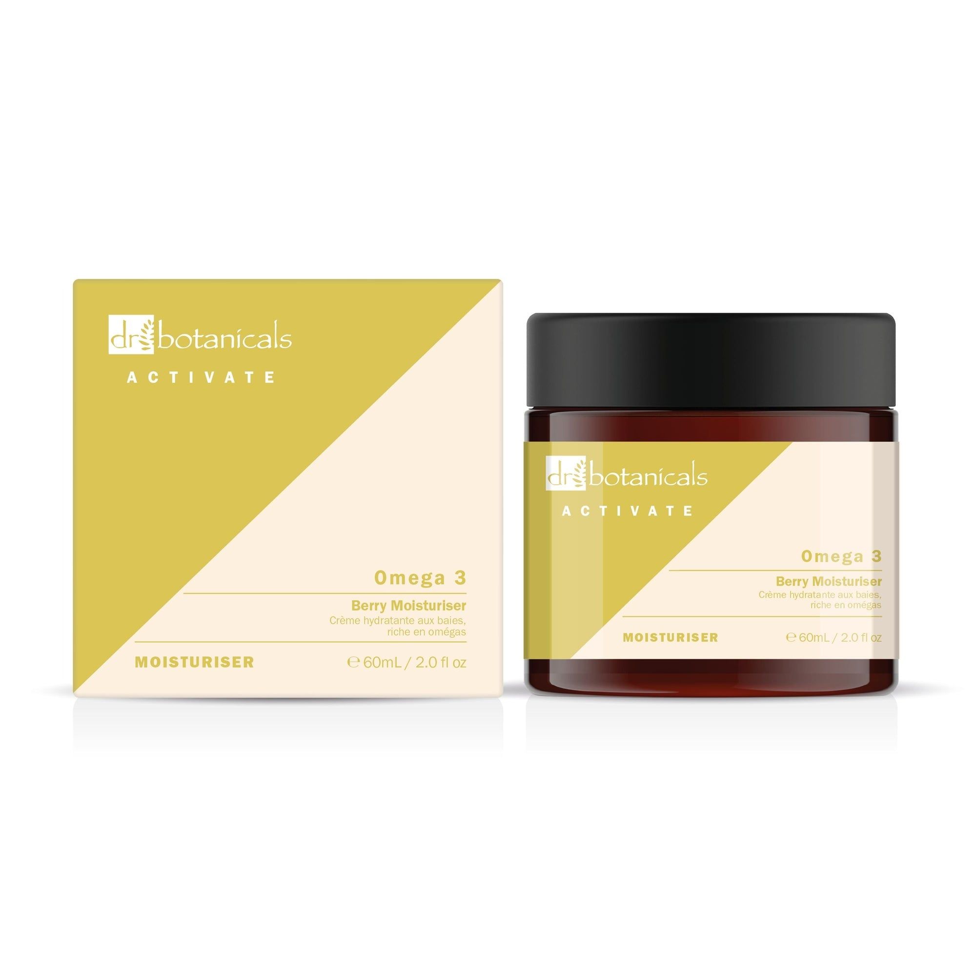 Produktverpackung mit Cremebehälter und Schachtel. Aufschrift: Dr Botanicals, Omega 3 Berry Moisturiser. Gelb-weißes Design.