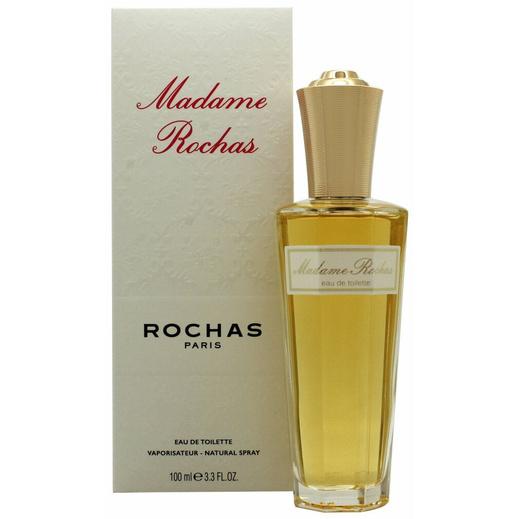 Parfümflasche und Verpackung. Flasche mit goldfarbenem Verschluss, Etikett. Verpackung mit Schriftzug "Madame Rochas".
