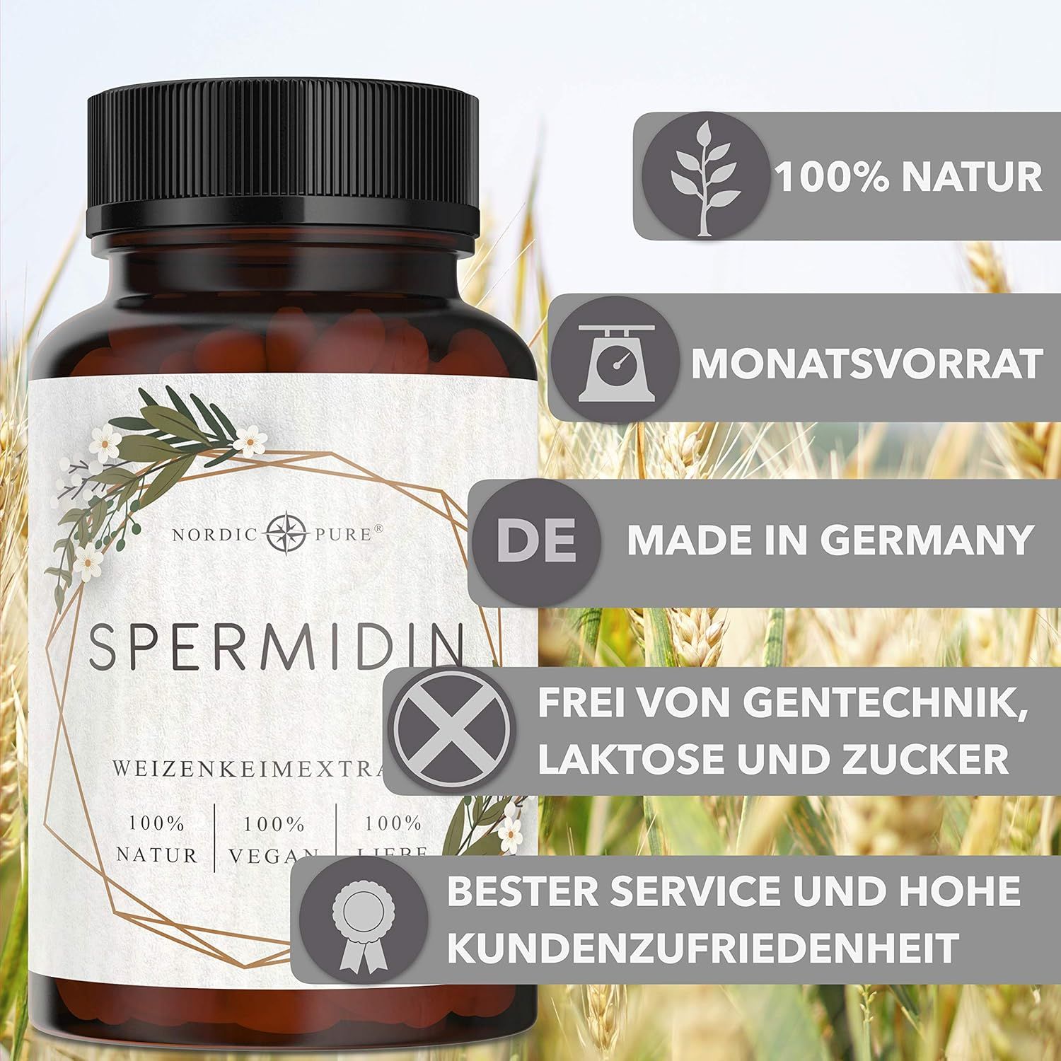 Braune Flasche mit schwarzen Deckel. Aufschrift: Spermidin, Weizenkeimextrakt. Zusatzinformationen: 100% Natur, Vegan, Liebe. Made in Germany.
