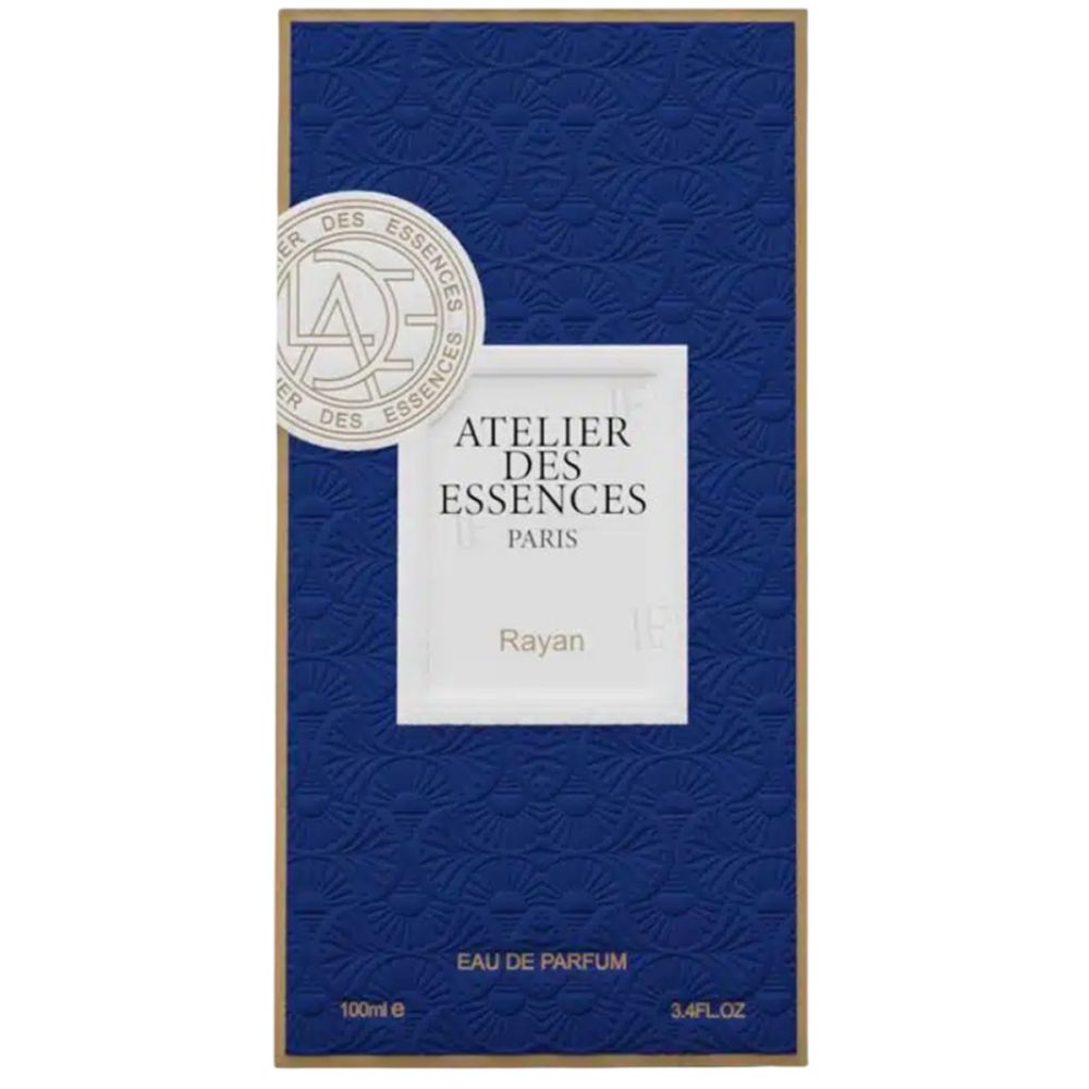 Blaue Verpackung mit weißem Etikett. Aufschrift: Atelier des Essences, Rayan, Eau de Parfum.