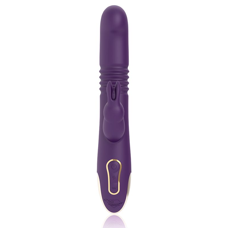 Lila Vibrator mit Kaninchenohren. Geriffelte Oberfläche. Goldfarbene Akzente. Bedienfeld mit Knöpfen.