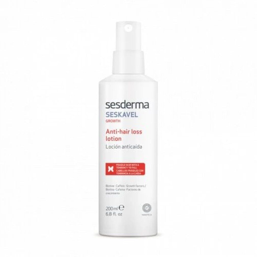 Weiße Flasche. Aufschrift: sesderma SESKAVEL GROWTH Anti-Haarausfall Lotion. Enthält Biotin, Koffein, Wachstumsfaktoren. 200ml.