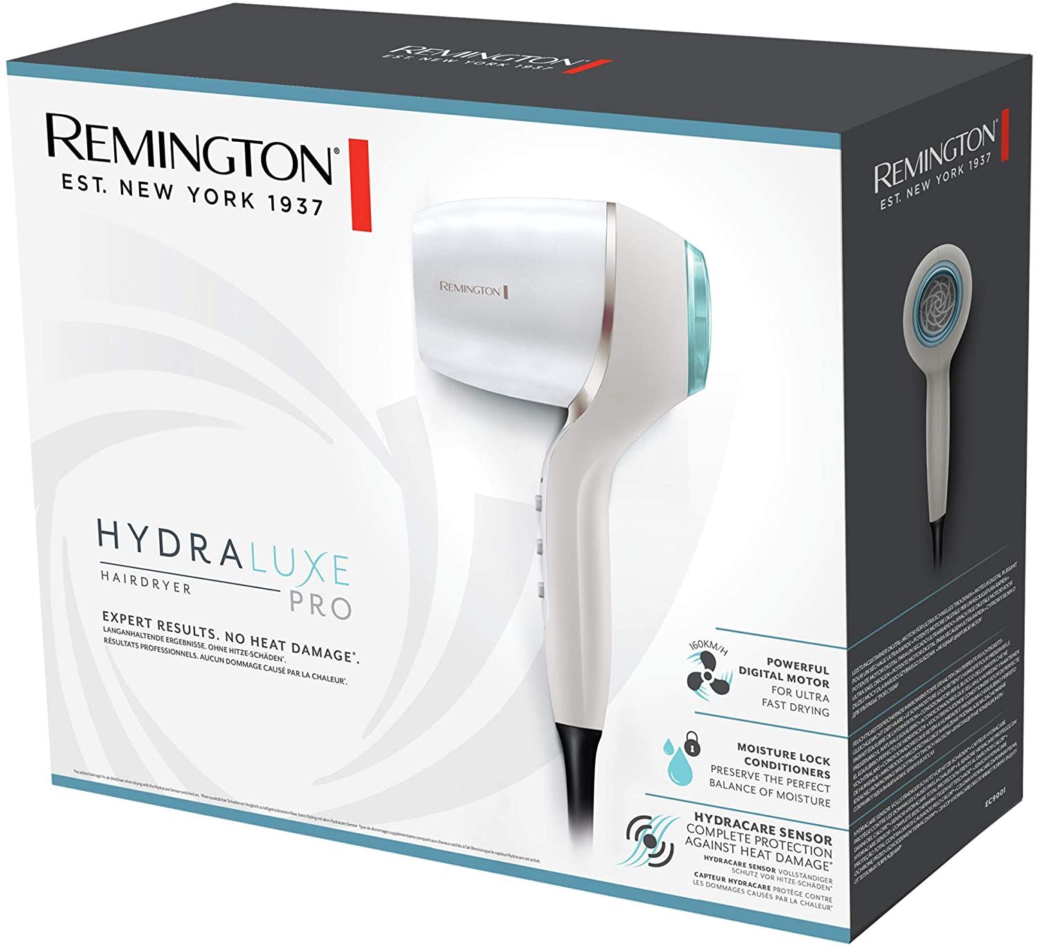 Verpackung des Haartrockners. Weißer Haartrockner mit blauen Akzenten. Text: Remington HydraLuxe Pro.
