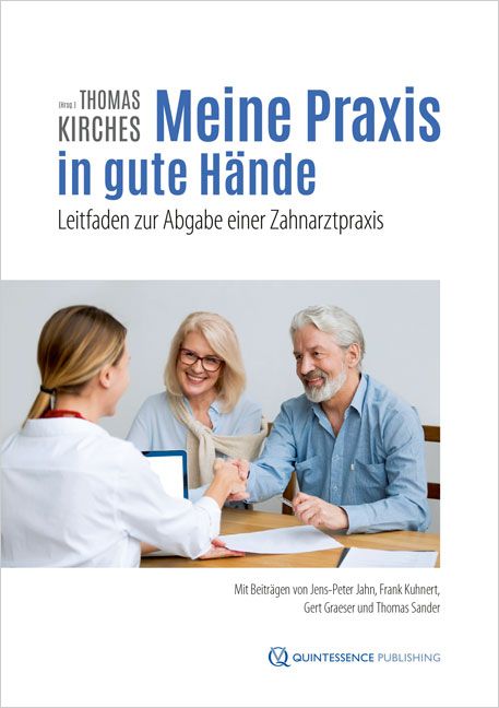 Buchcover: "Meine Praxis in gute Hände". Titel und Autoren. Personen im Gespräch.