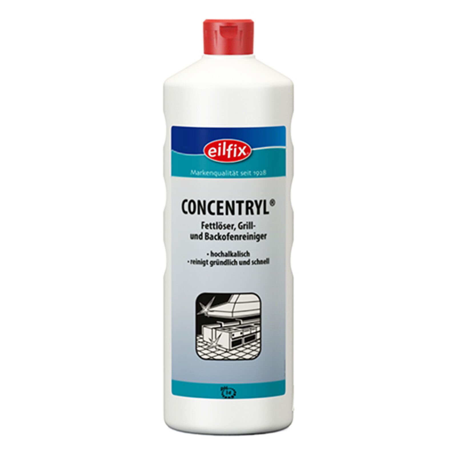 Flasche Becker Eilfix® Concentryl Grill- und Backofenreiniger. Weiß, roter Deckel, blaue und weiße Etiketten mit Produktinformationen und Logo.