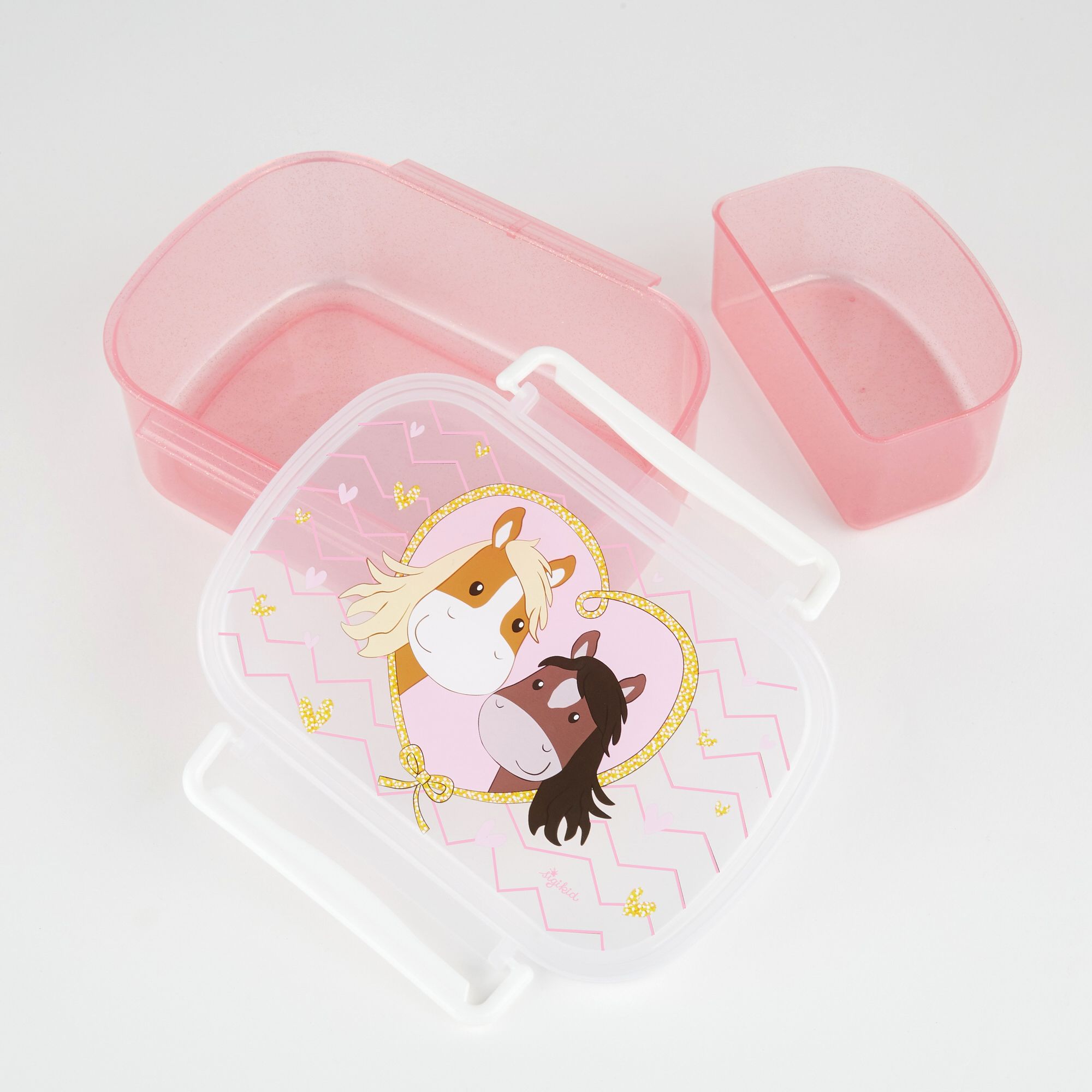 Rosa Brotbox mit Pony-Motiv. Deckel und kleine Box separat. Zwei Pferde in Herzform auf dem Deckel.