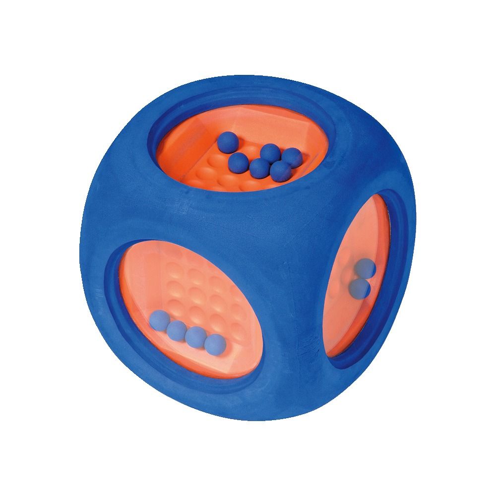 Blauer Würfel mit orangefarbenen Innenflächen. In den Aussparungen befinden sich Kugeln.