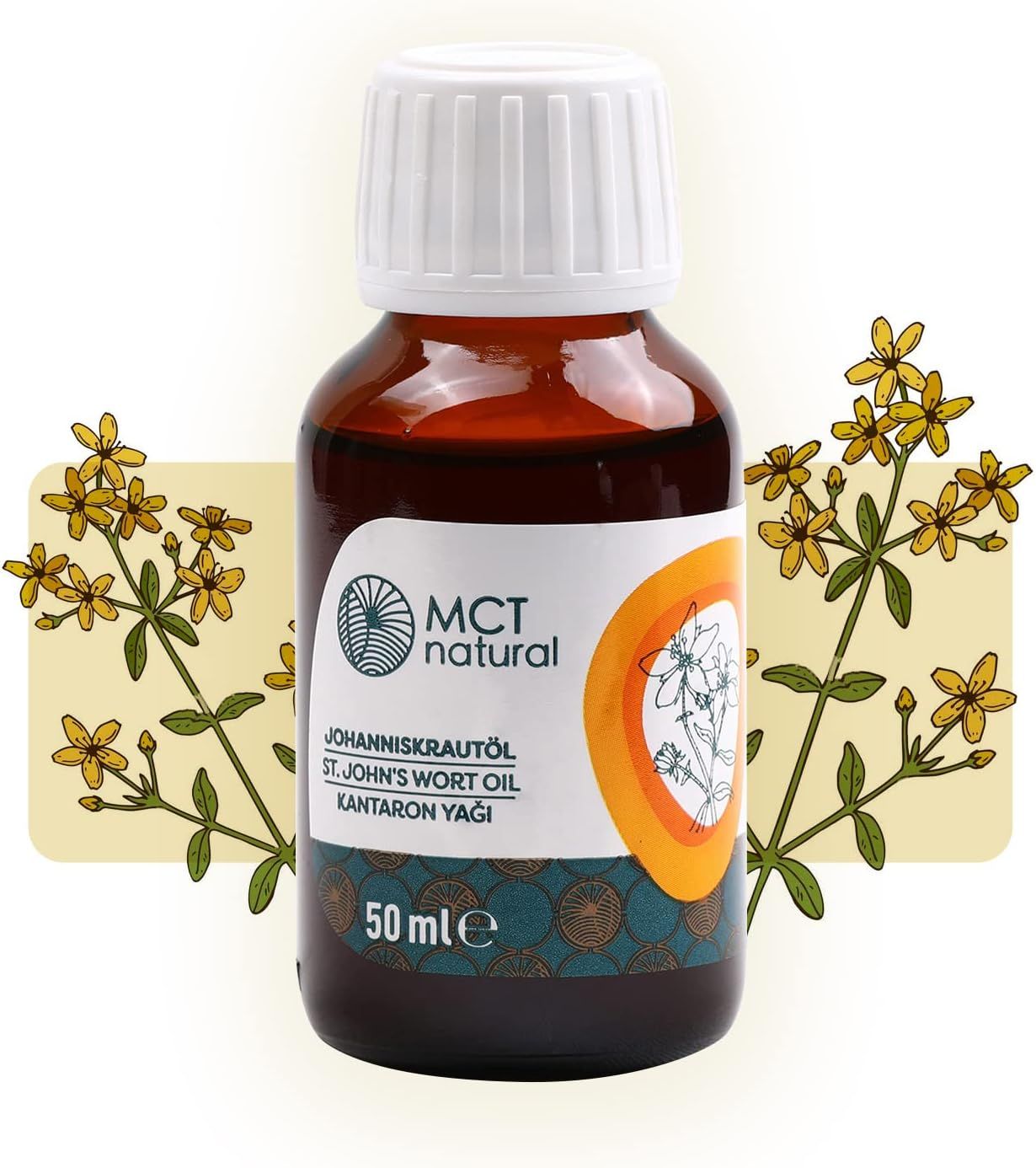 Braune Glasflasche mit weißem Deckel. Aufschrift: MCT natural, Johanniskrautöl. 50 ml. Mit floralem Hintergrund.