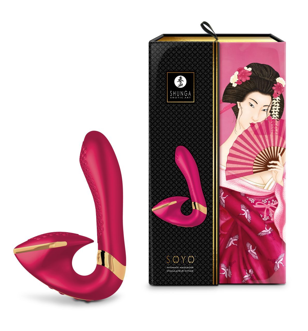 Pinkfarbenes, geschwungenes Gerät mit goldenen Akzenten. Daneben Verpackung mit Illustration einer Frau mit Fächer.