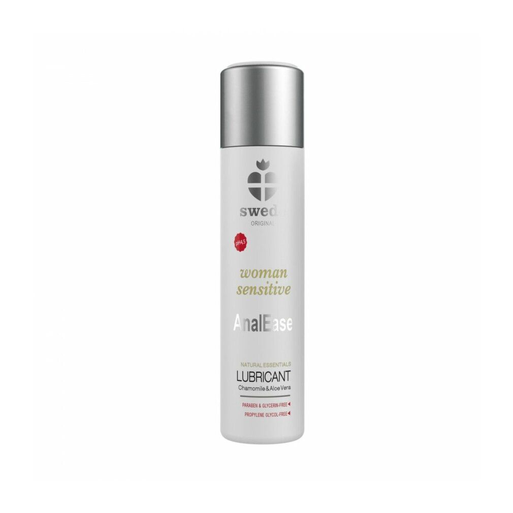 Weißes Fläschchen mit silbernem Deckel. Aufschrift: Swede, woman sensitive AnalEase, Natural Essentials Lubricant.