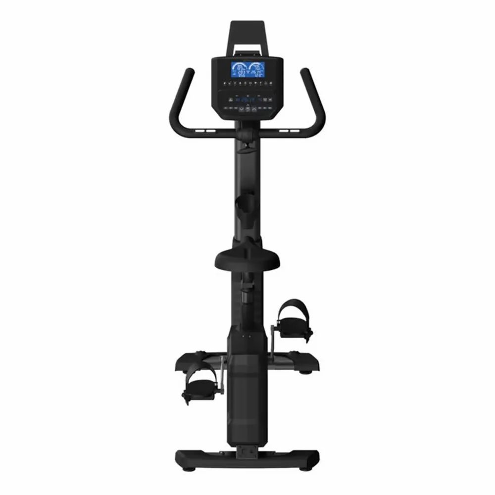 Ergometer Horizon Fitness 5.0Ui, schwarz. Frontansicht. Mit Pedalen, Sattel, Display und Griffen.