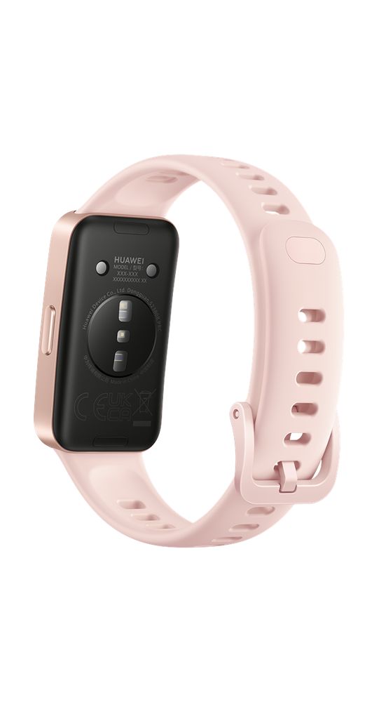 Rückseite des Fitness-Trackers. Schwarze Oberfläche mit Sensoren. Rosa Armband. Marke HUAWEI sichtbar.