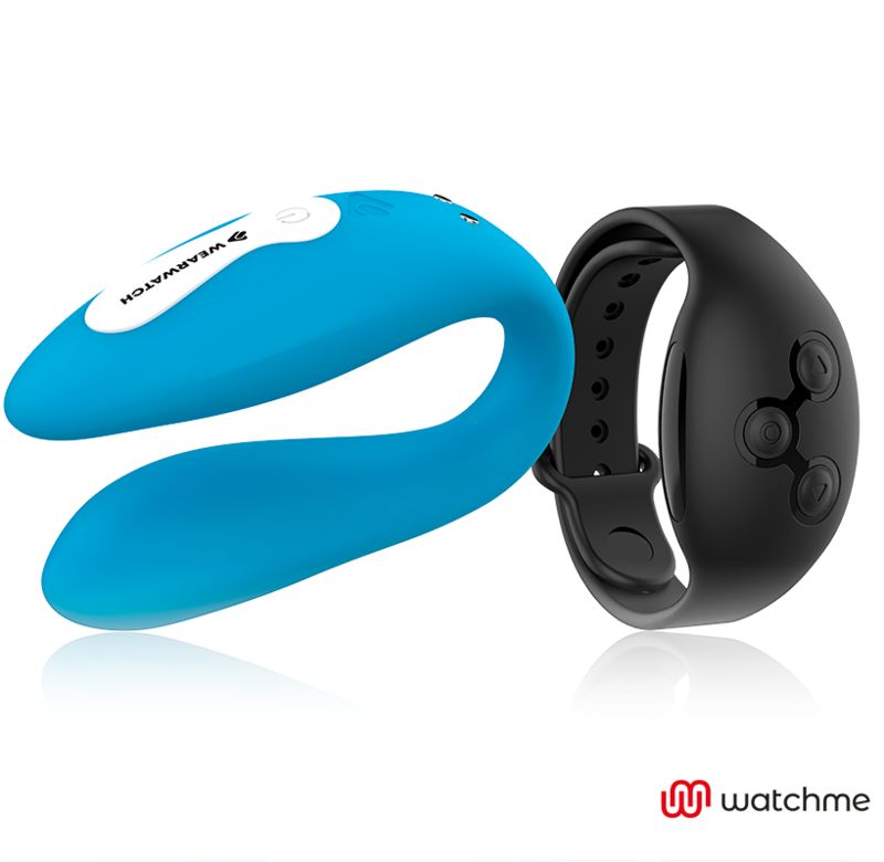 Blauer Wearwatch-Vibrator und schwarzes Armband mit drei Knöpfen. Logo watchme.