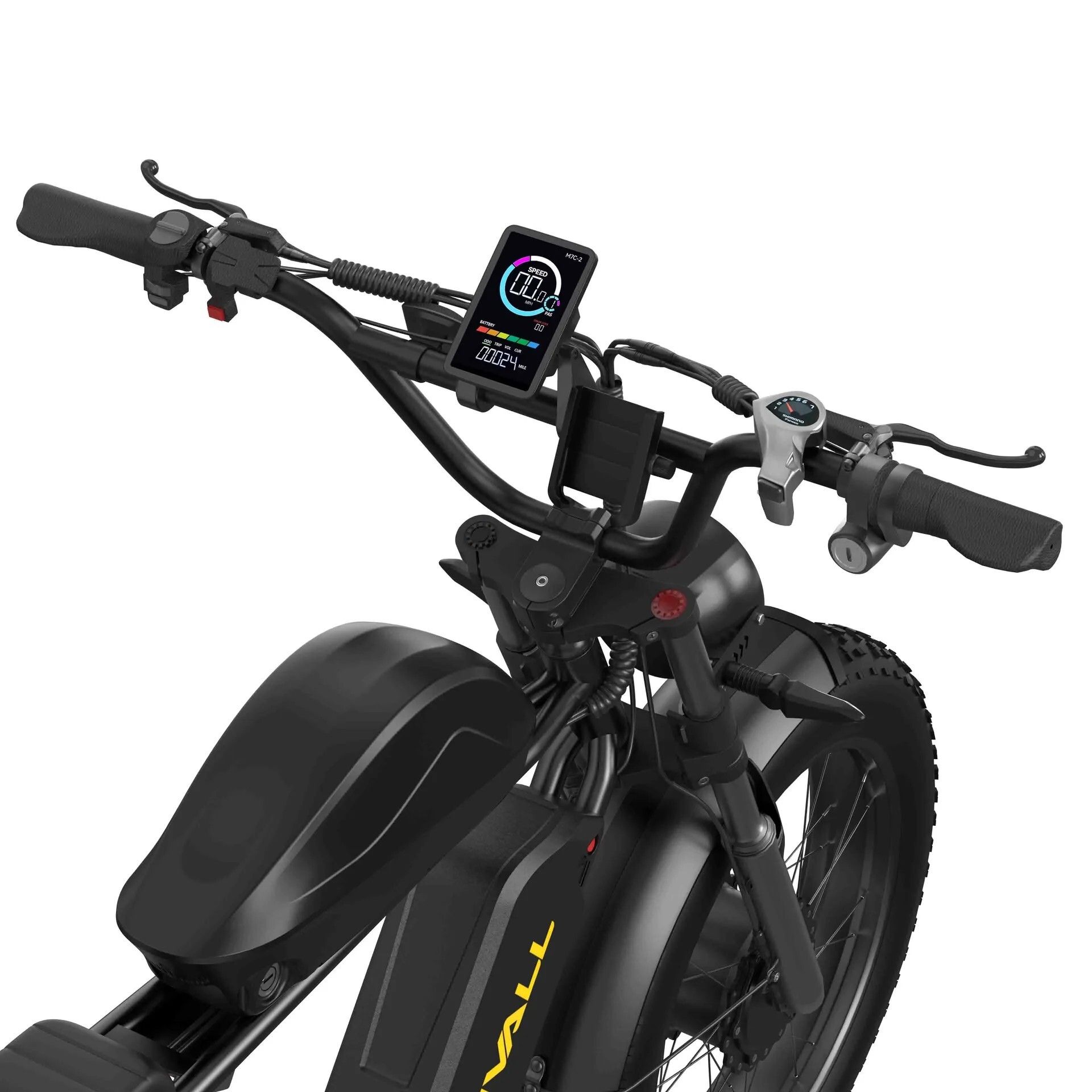 Nahaufnahme des Lenkers eines schwarzen Elektro-Mountainbikes. Display, Bedienelemente.