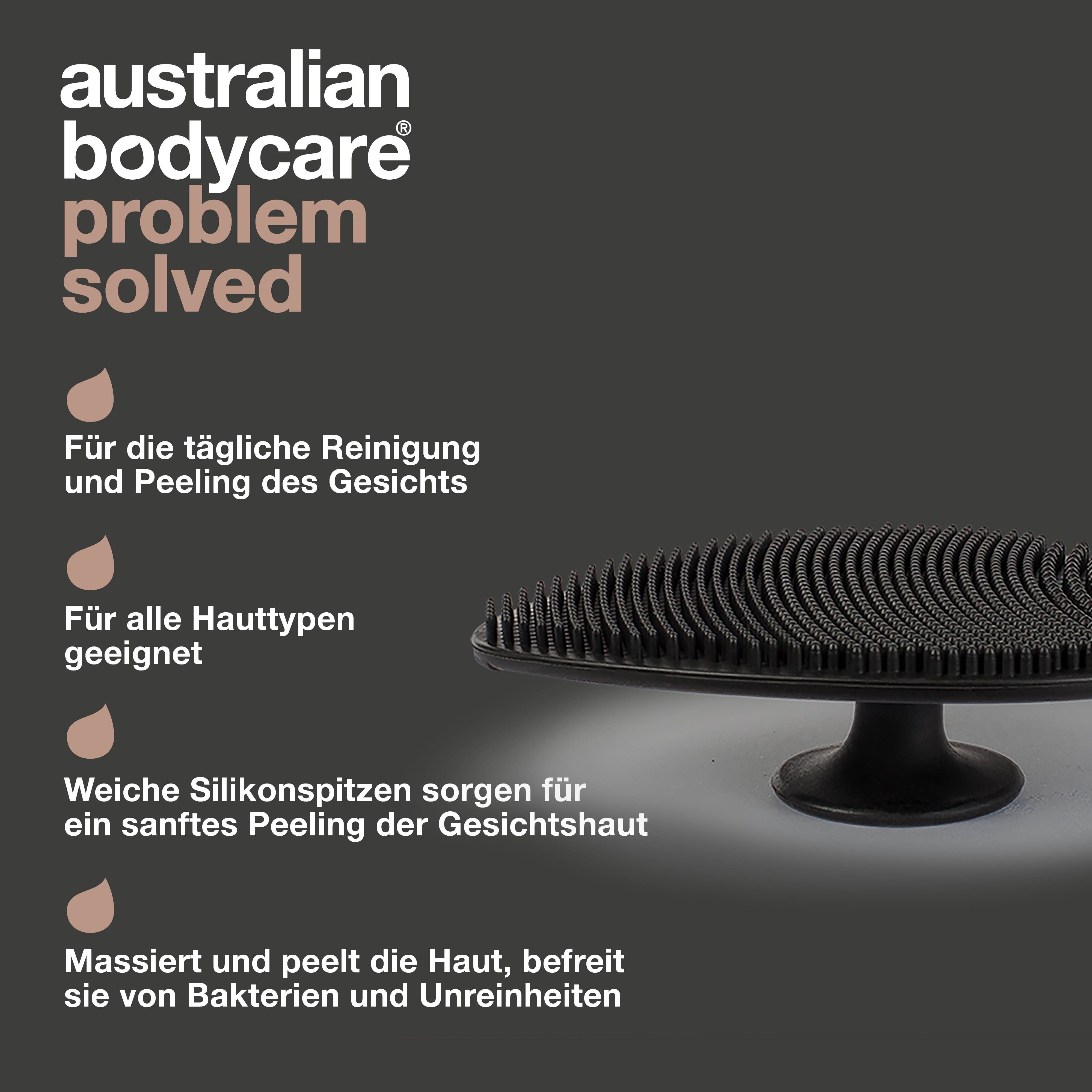 Gesichtsreiniger mit Griff. Aufschrift: Australian Bodycare. Text: Für die tägliche Reinigung und Peeling des Gesichts.