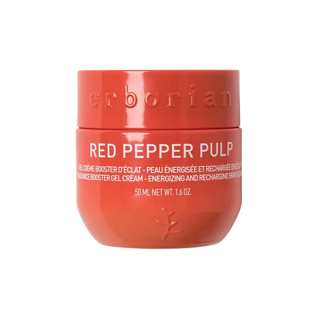 Roter Tiegel mit rotem Deckel. Aufschrift: RED PEPPER PULP. Gel-Creme. 50 ml. Marke: Erborian.