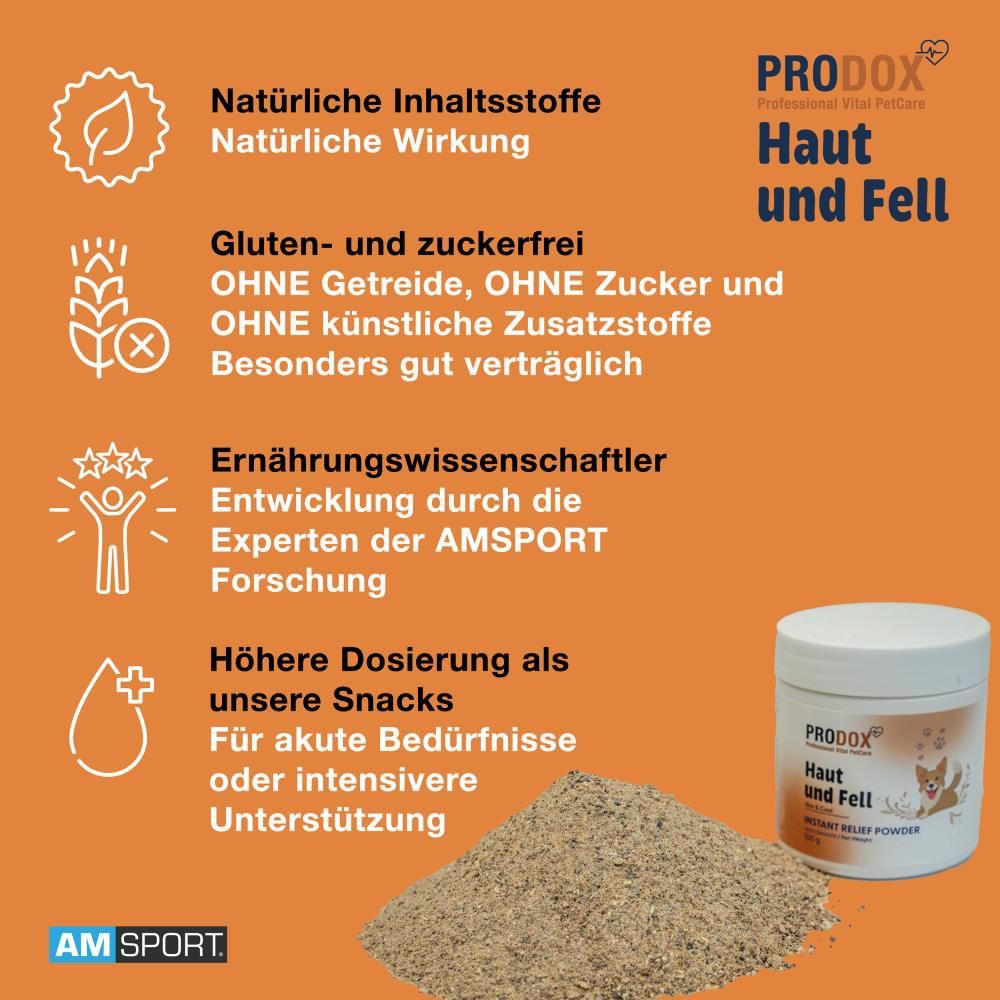 Orangefarbene Infografik mit Text und Produktabbildung. Textabschnitte: Natürliche Inhaltsstoffe, Gluten- und zuckerfrei, Ernährungswissenschaftler, Höhere Dosierung.
