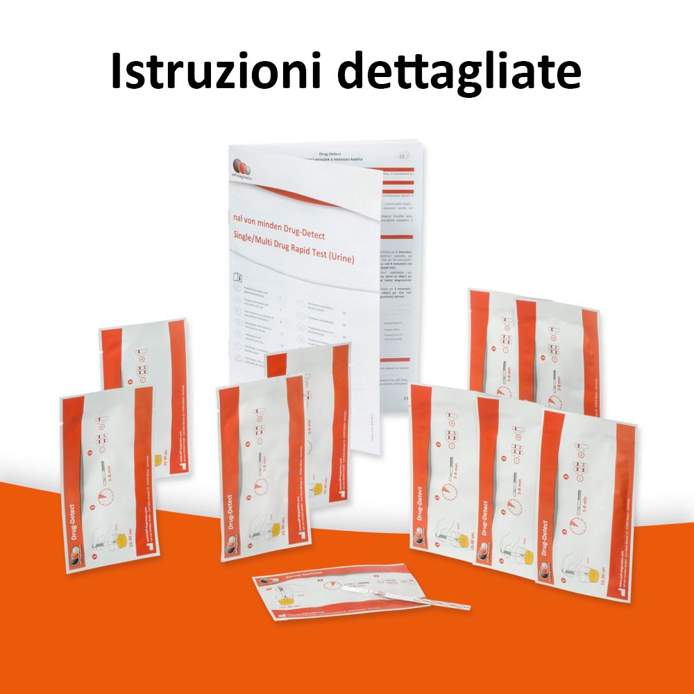 Diverse confezioni di test e un manuale. Scritta: Istruzioni dettagliate. Strisce reattive singole sono accanto.