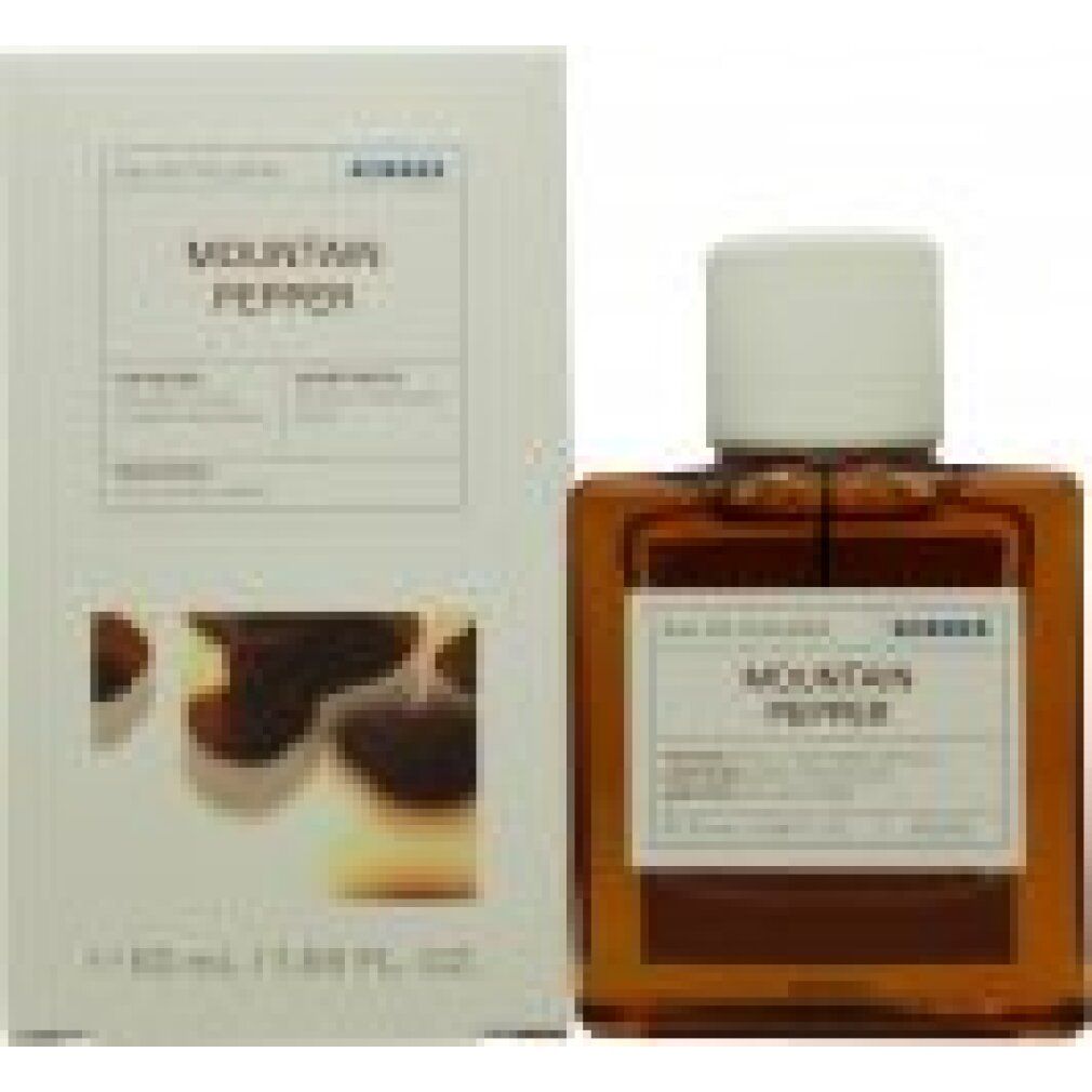 KORRES Eau de Toilette Mountain Pepper Flakon und Verpackung. Flakon mit weißem Verschluss, bernsteinfarbene Flüssigkeit.