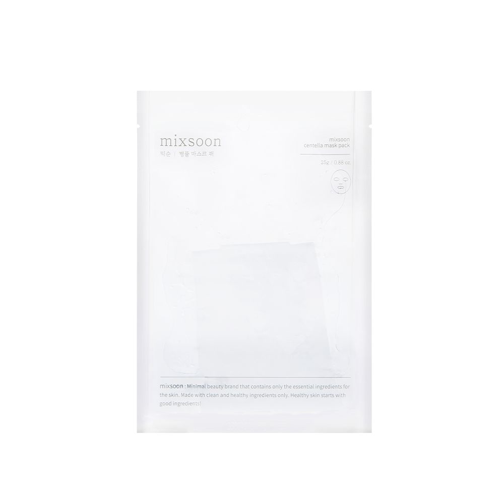 Verpackung der Mixsoon Centella Mask Pack. Weißes, rechteckiges Sachet mit Produktnamen und Text. Aufschrift in mehreren Sprachen.