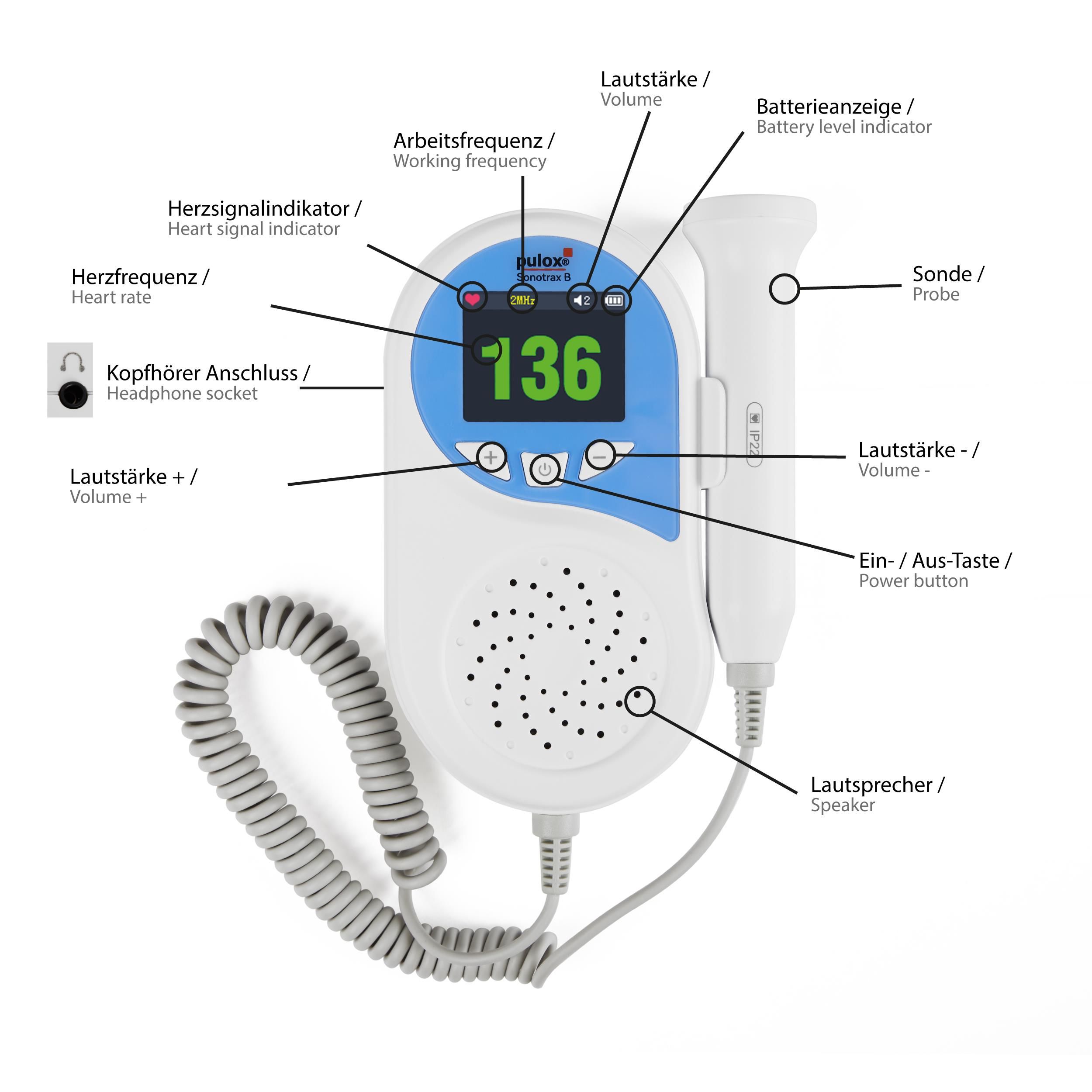 pulox - Sonotrax B - Ultraschall Fetal-Doppler mit Lautsprecher & LCD-Display